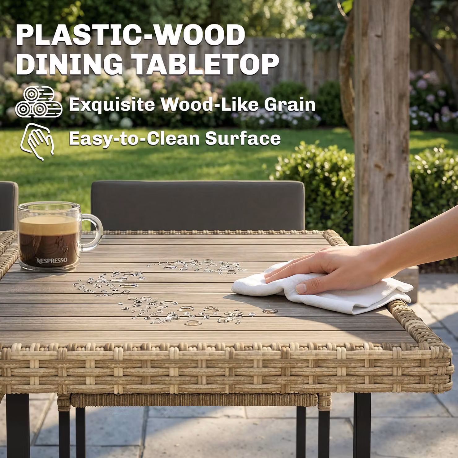Outsunny 7 Piece Rattan Garden Dining Set with Rectangular Wood-Plastic Composite Table and 6 Chairs in Brown – 4