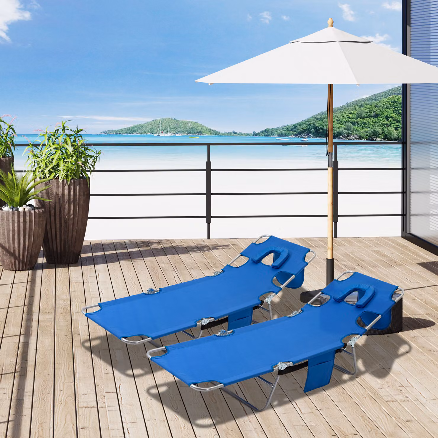 Outsunny 2 Piece Foldable Sun Lounger Set in Blue with Reading Hole and 5 Level Adjustable Backrest – 2
