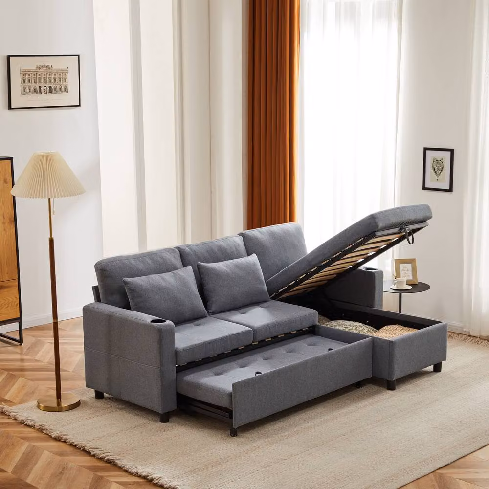 Rolipo Grey L-Shaped 3 Seater Corner Sofa Bed with Storage and Pull Out Drawer – 7