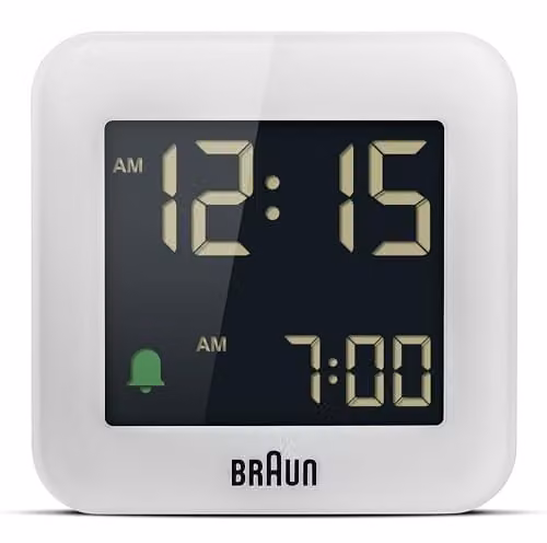 Braun Digital Travel Alarm Clock with Snooze and Negative LCD Display in White – 1