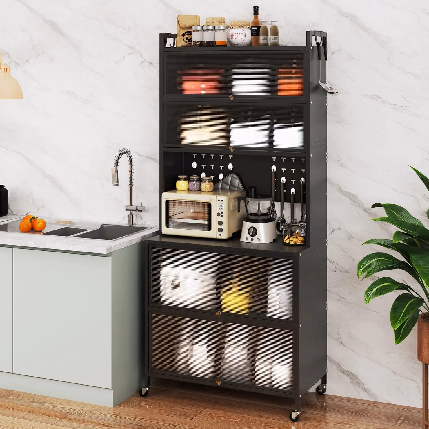 Costway 6-Tier Kitchen Pantry Cabinet Buffet with Hutch and Hooks in Black – 2