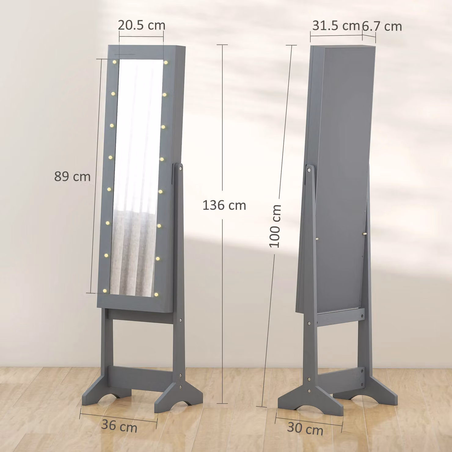 HOMCOM Free Standing Modern Grey Mirrored Jewellery Cabinet with Integrated LED Lighting and Internal Shelves – 2