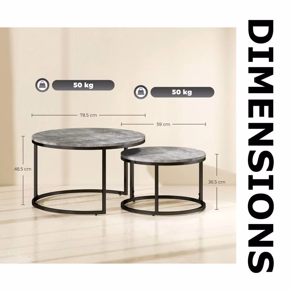 FURNOS 2-Piece Nesting Tables with Grey Faux Marble Tops and Black Metal Bases – 7
