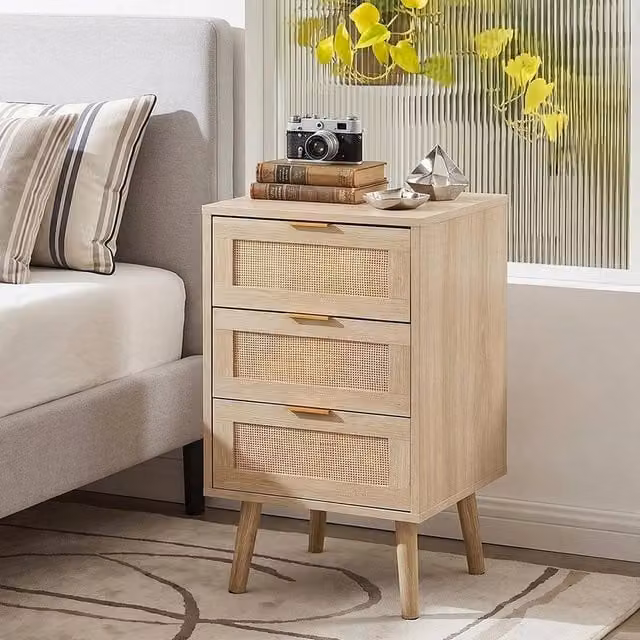 KORVIXA Set of 3 Rattan Bedside Tables in Natural Brown and Beige