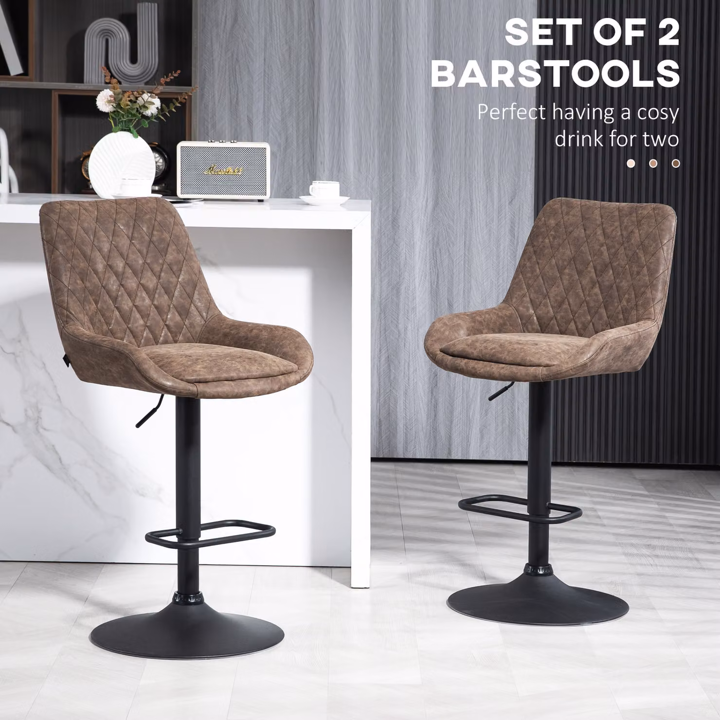 HOMCOM Set of Two Retro Adjustable High Back Bar Stools in Brown Faux Leather with 360 Degree Swivel – 4