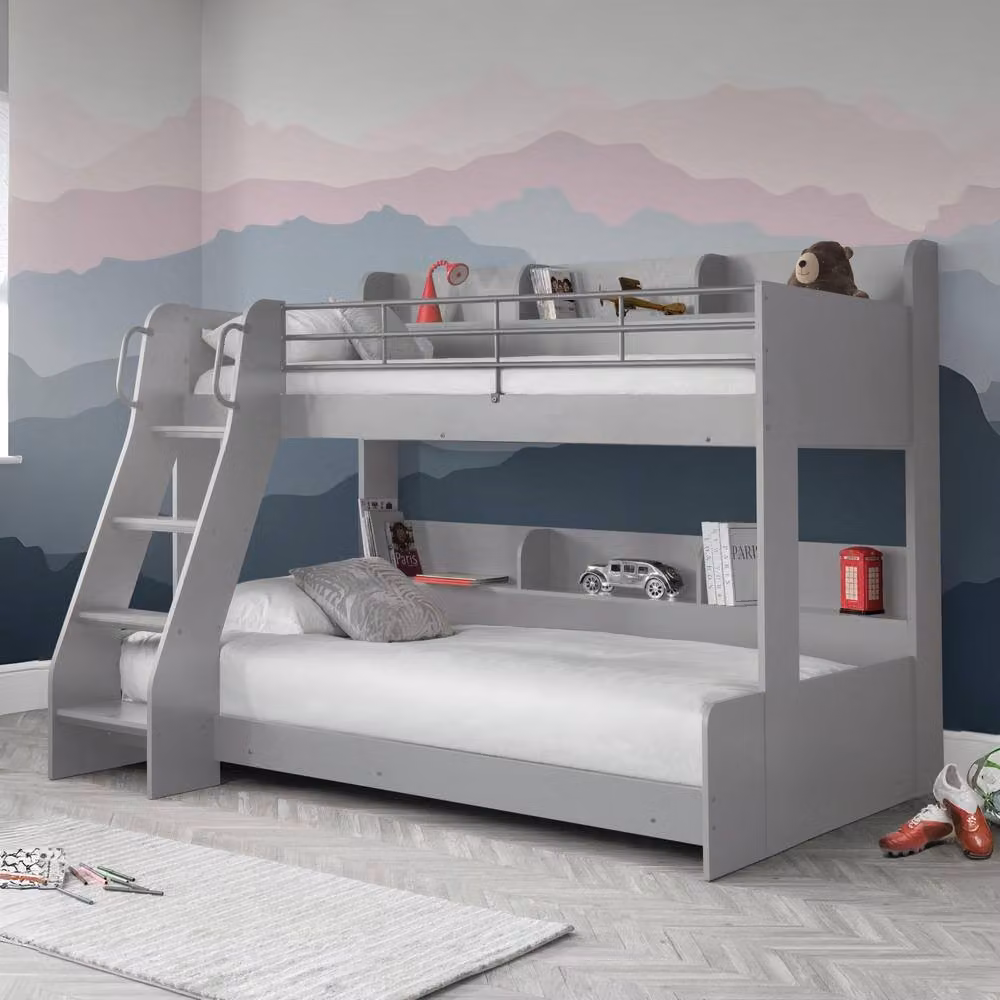 Cheshire Walnut Triple Sleeper Bunk Bed in Light Grey with Bedside Shelves and Side Compartments, W/D/H: 90 x 200 cm – 3