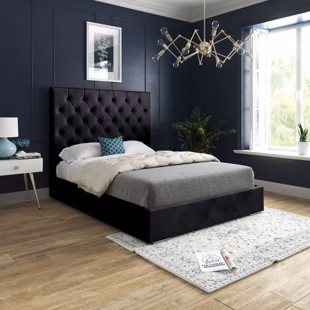 KDMD Alma Chesterfield Upholstered Velvet Bed Frame in Black, W/D/H: 120 x 200 cm