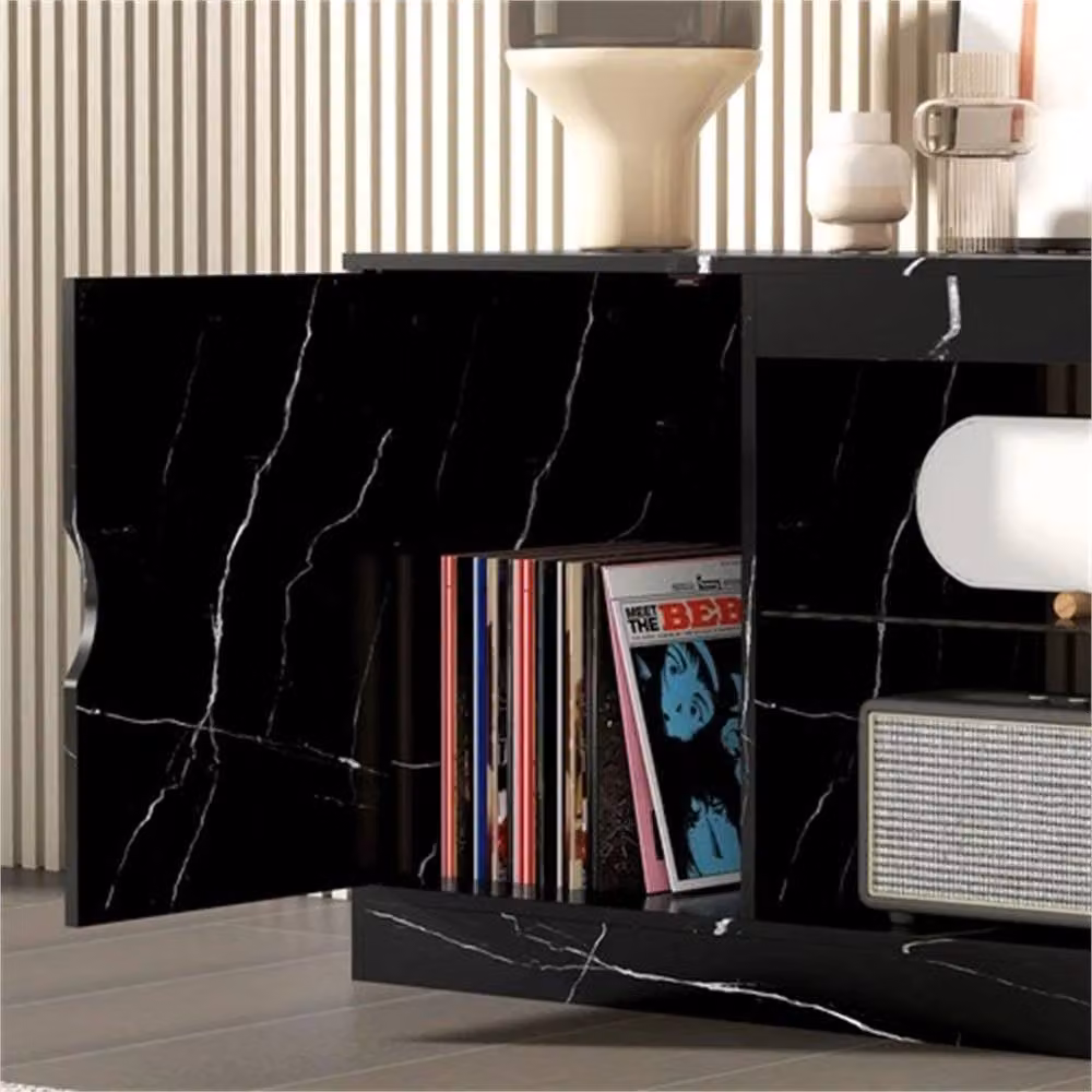 Nordara Black Marble Effect TV Stand Cabinet with Glass Shelf and Media Compartments, W: 148 cm, D: 35 cm, H: 52.6 cm – 6
