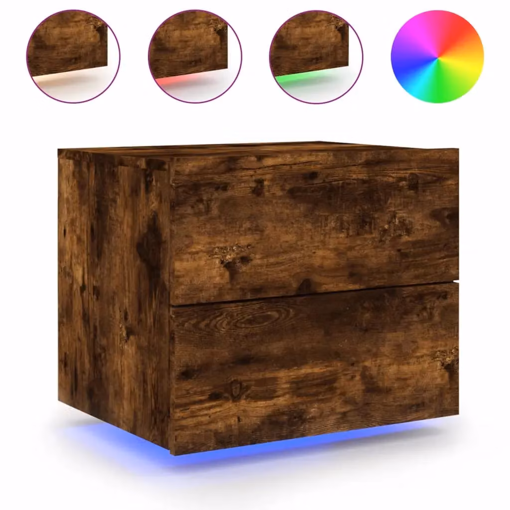 Berkfield Home Set of 2 Wall-mounted Bedside Cabinets with Integrated LED Lights in Smoked Oak Brown – 4