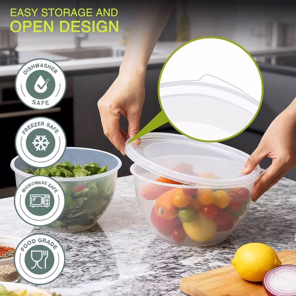 Greentainer 5 Piece Set of Transparent Round Plastic Mixing Bowls with Lids – 2