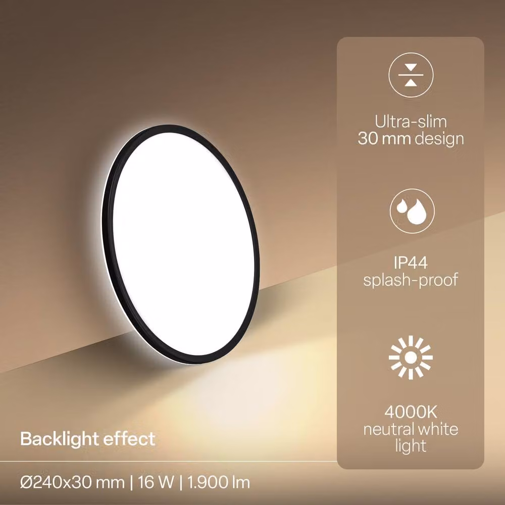 B.K.Licht Black LED Slim Panel Ceiling Light for Bathrooms and Living Rooms, 16W, 1900lm, IP44, Diameter: 24 cm – 3