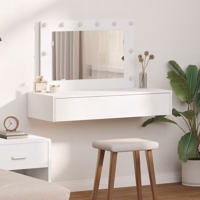 Berkfield Home Wall Hanging Dressing Table with Hollywood LED Lights, White, W: 100 cm, H: 70 cm, D: 40 cm – 1