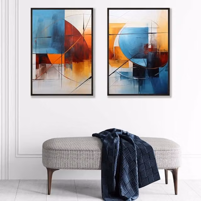ARTZE Set of 2 Abstract Watercolour Shape Art Prints in Black Frames, Bright Blue and Multicolour, A3 – 1