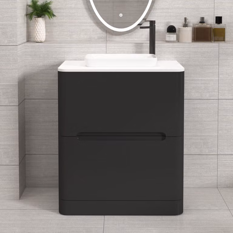 Royal Bathrooms Venice 700mm Matt Nocturne Black Floor Standing 2 Drawer Vanity Unit with Plain White Worktop and Qubix Basin