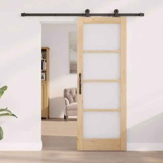 Berkfield Home Orkdal Industrial Sliding Door with Hardware Set, Solid Wood and Glass, Light Brown, H: 198.5 cm, W: 73.5 cm – 1