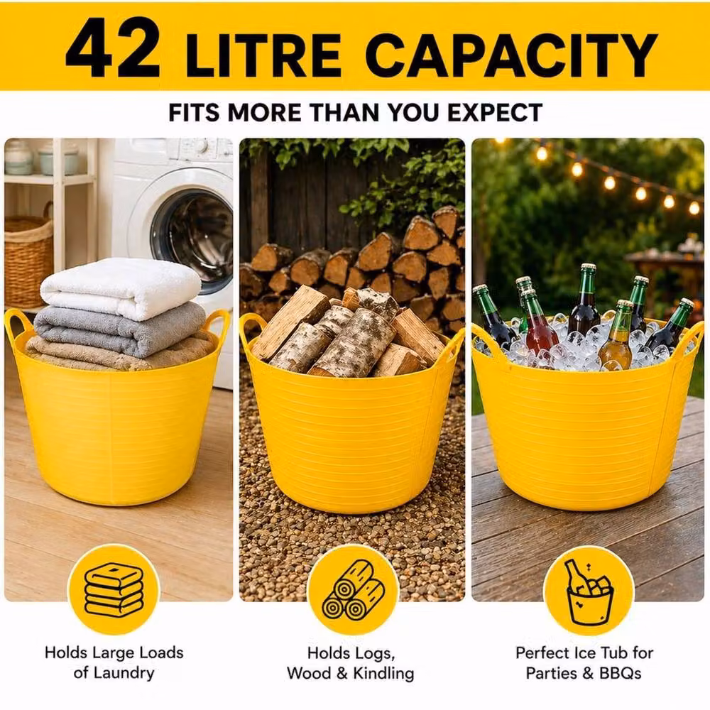 FLAVORA 5 Pack Yellow 42 Litre Large Flexi Tub Buckets – 2