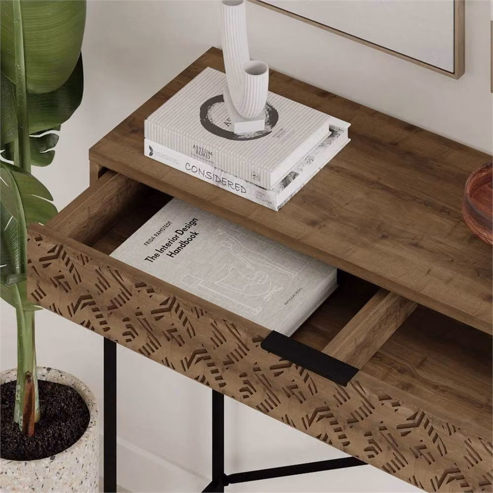 Nordara Brown Slim Console Table with Drawer and Metal Legs – 3