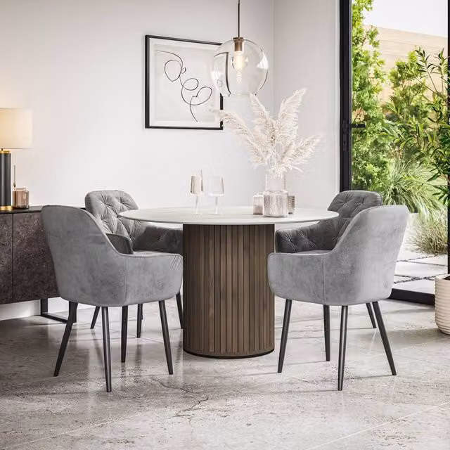 More4Homes Arlo White Marble Top Round Dining Table with Walnut Legs and 4 Anika Grey Velvet Dining Chairs – 1