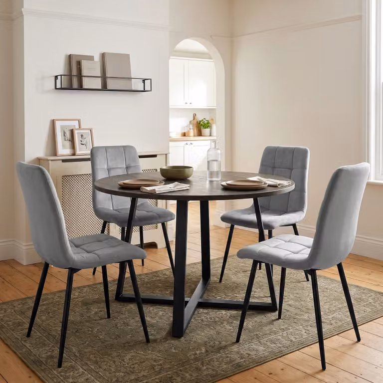 DHS Round Dining Table and 4 Chairs Set in Grey and Black with Modern X-Frame Design, Diameter: 110 cm, Height: 75 cm