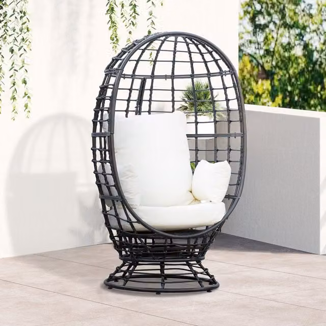 Outsunny Modern Swivel Egg Chair in Black Rattan with Cushion and Pillow