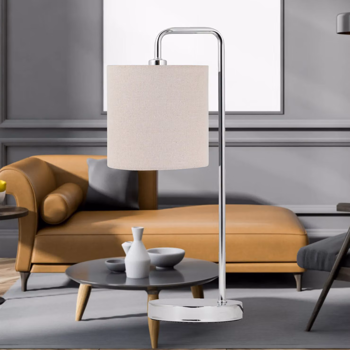 First Choice Lighting Chrome Arched Table Lamp with Beige Linen Shade in Silver – 2