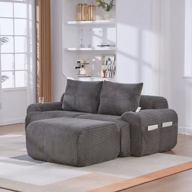 Aosom UK Modular 2-Seater L-Shape Sofa in Dark Grey Corduroy with Foam-Filled Plush Seats and Built-In Cup Holder, W: 174 cm, D: 200 cm, H: 80 cm – 1
