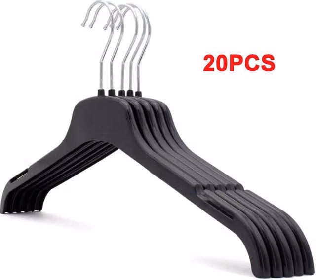 EONLION 20-Piece Set of Strong Plastic Space-Saving Coat Hangers with Notches, Black, Width: 50 cm