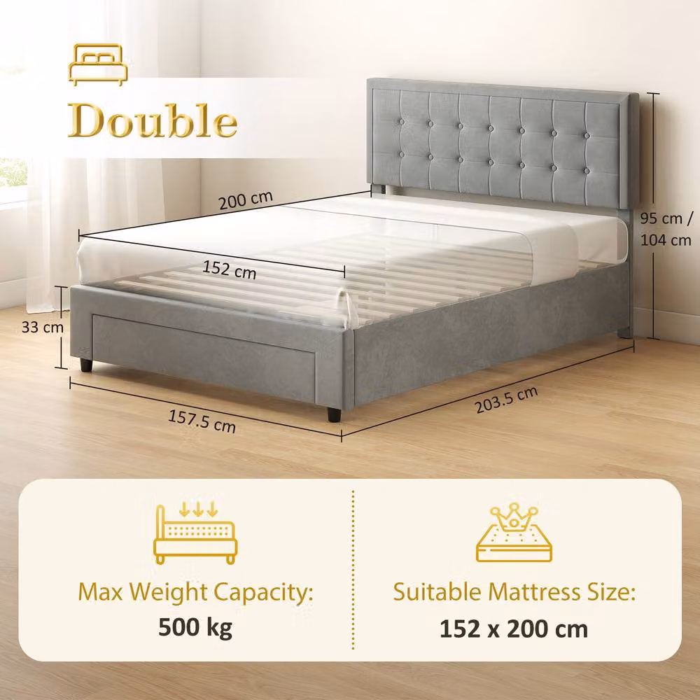 ERGOVEXA Upholstered Ottoman Bed Frame with Lift Up Base in Grey, W/D/H: 150 x 200 cm – 2