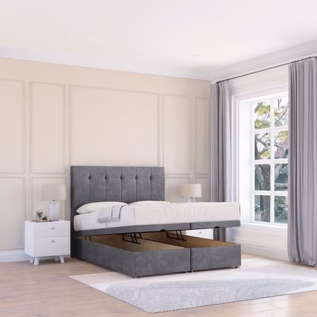 Sloomy Highbury Coniston Ottoman Bed in Dark Grey with Sprung Memory Mattress and 26 Inch Strut Headboard, Size: Double (W: 140 cm, D: 200 cm)