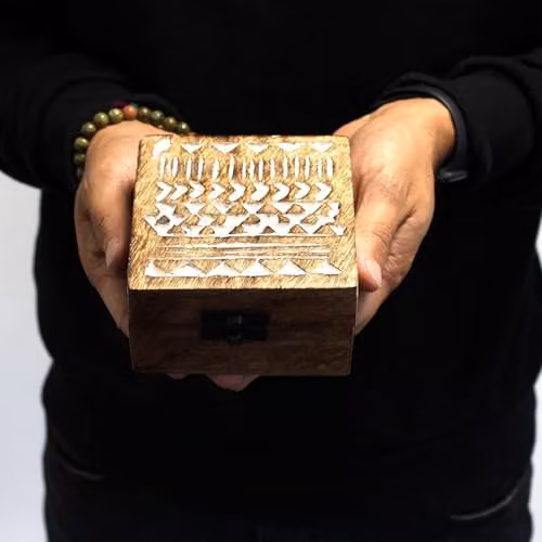 Ancient Wisdom White Washed Solid Wood Box in Brown with 4x4 Slavic Design – 4