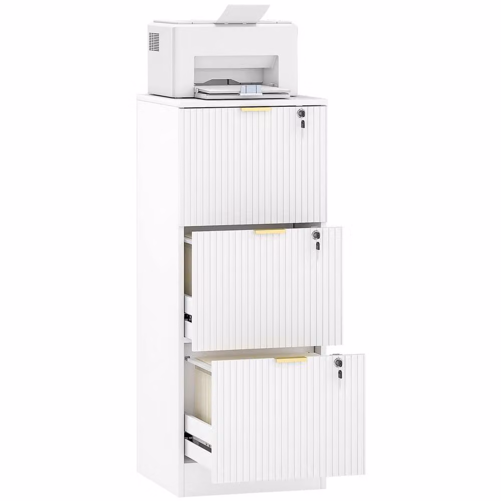 HOMCOM Modern White Freestanding File Cabinet with 3 Lockable Drawers and Hanging Rails for Home Office – 2