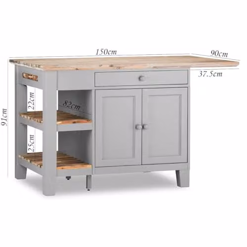 Statement Furniture Florence Kitchen Island with Cupboard, 2 Drawers and Shelves in Dove Grey, W: 150 cm, D: 90 cm, H: 91 cm – 2