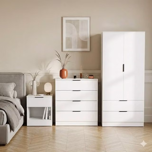 Vida Designs Trega 3 Piece White Bedroom Set Including Wardrobe, 4 Drawer Chest and 1 Drawer Bedside Table