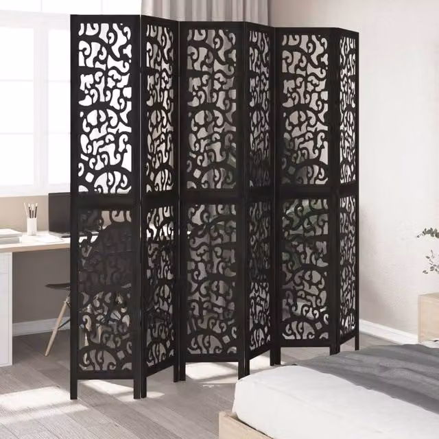 Berkfield Home 6 Panel Black Solid Paulownia Wood Room Divider