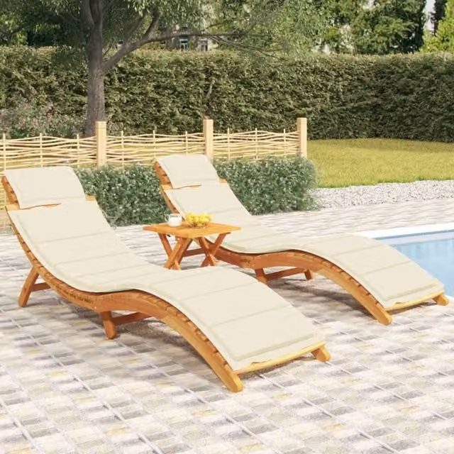 Berkfield Home Set of 2 Acacia Wood Sun Loungers with Beige Weatherproof Cushions