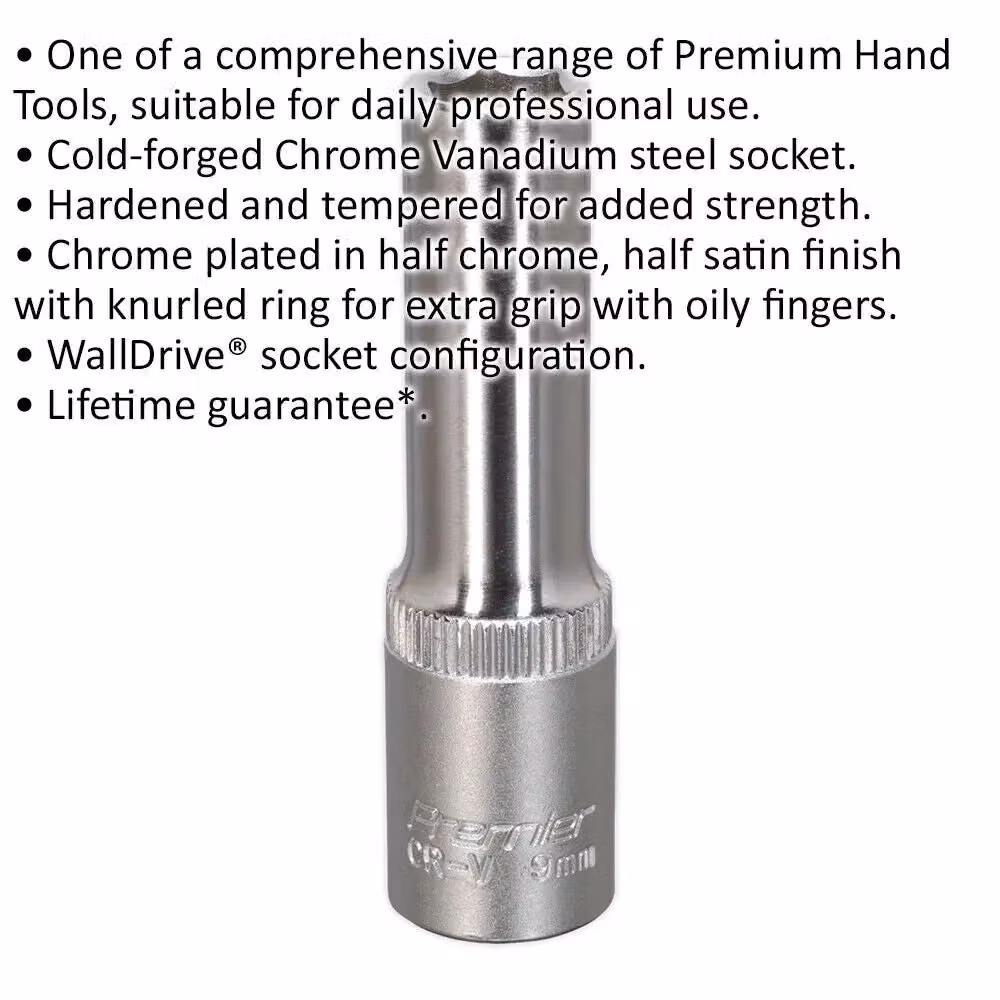 Loops 9mm Deep Drive Socket, 3/8 inch Square Drive, Silver Chrome Vanadium Steel – 2