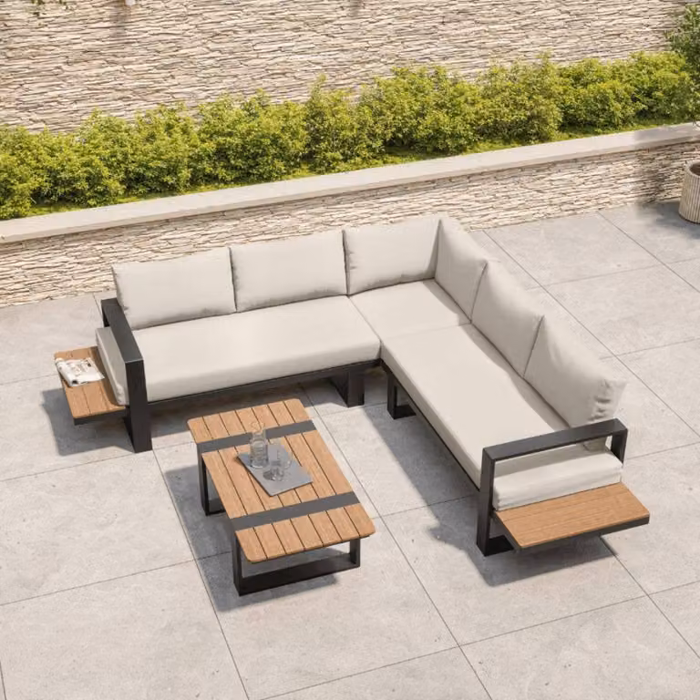 Modish Furnishing Miami 5 Seater L-Shape Corner Garden Sofa Set with Coffee Table in Cream Powder Coated Aluminium