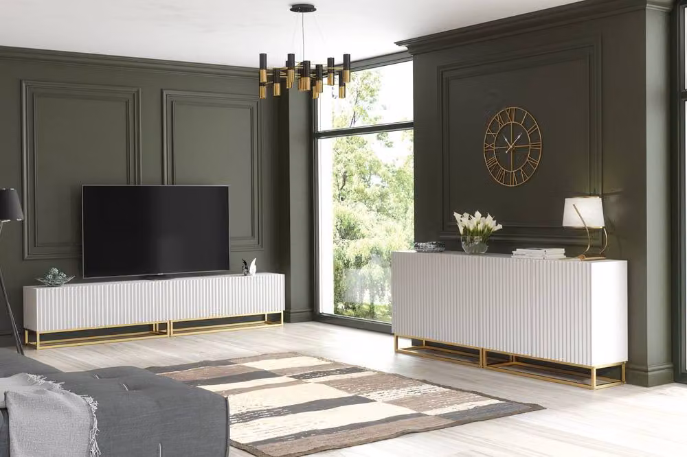 Mex Furniture LTD Set of 2 White Fluted Sideboards with Gold Base, W: 200 cm – 6