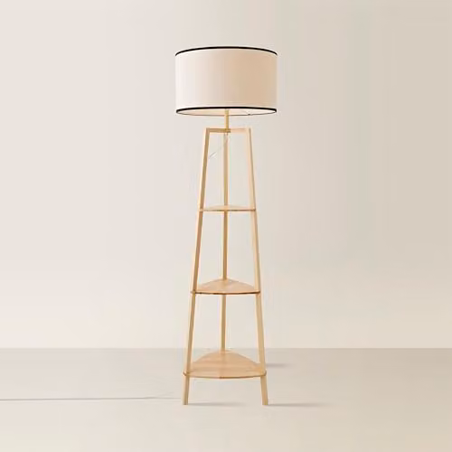 ValueLights Hiru 3 Tier Wooden Shelf Floor Lamp with Black Trimmed Fabric Drum Shade