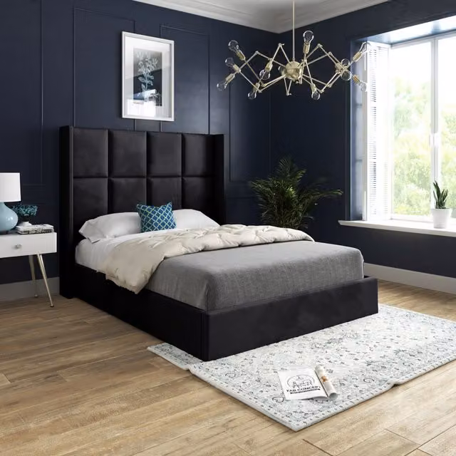 Makis Soft Velvet Upholstered Straight Winged Bed Frame in Black, Superking, 200 x 200 cm
