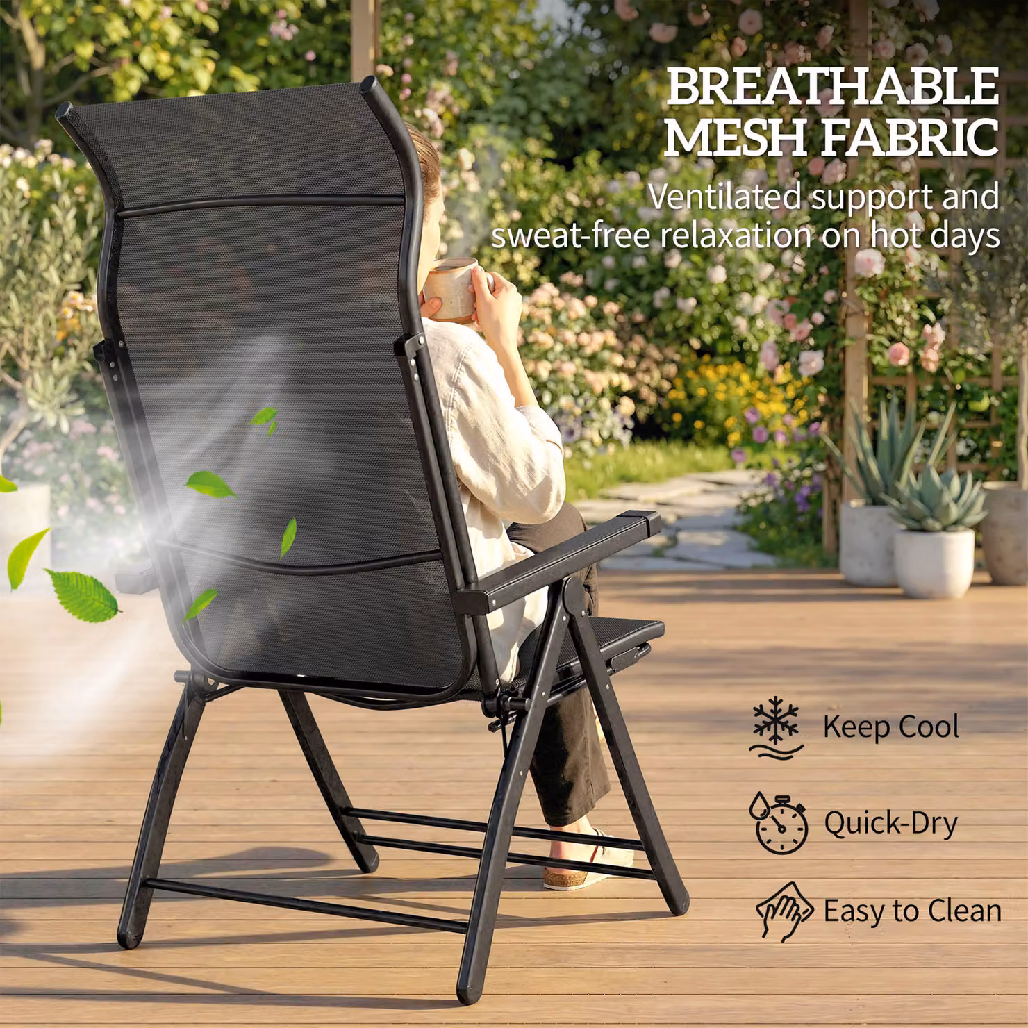 Outsunny Set of 2 Reclining Garden Chairs in Dark Grey with 5-Position Folding Sun Loungers, High Back, Retractable Footrest and Armrests – 6