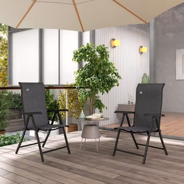 Outsunny Set of 2 Grey Rattan Folding Outdoor Chairs with Cushions and Armrests