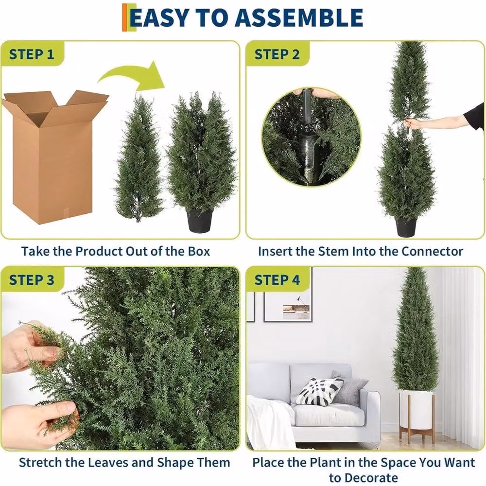 VOGREX Set of 2 Green Artificial Cedar Topiary Trees, Height: 90 cm – 4