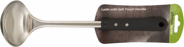 Kitchen Master Stainless Steel Round Ladle with Soft Touch Handle and Hanging Loop in Black and Silver