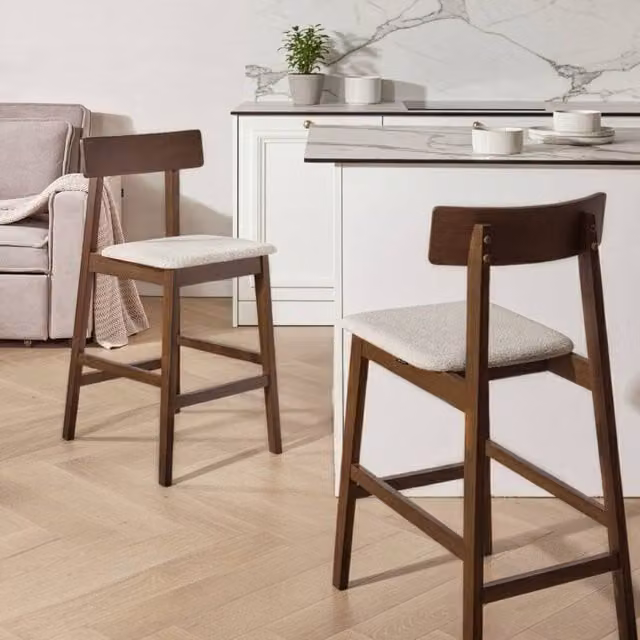 Wyld and Coco Set of 2 Bar Chairs in Dark Brown Taupe with Rubberwood Seats – 1