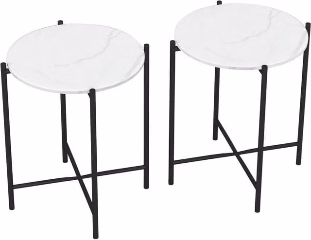 Havendro Set of 2 White Round Marble Effect Coffee Tables with Metal Frame – 1
