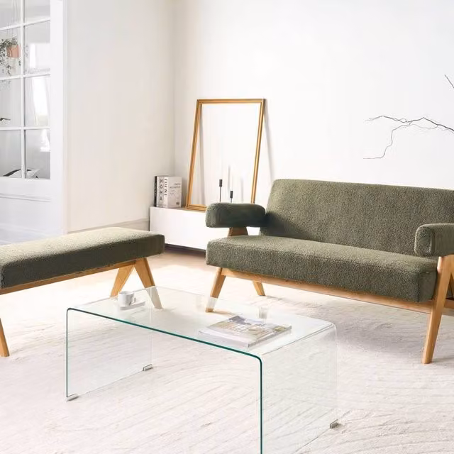 Wyld and Coco Asterra Boucle 2-Seater Sofa Set with Matching Ottoman in Green and Brown with Rubberwood Legs