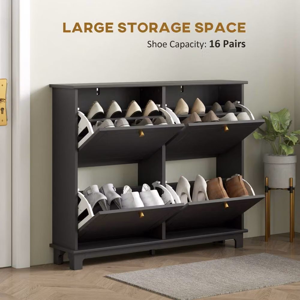 Wyld Haus Serodo Black Slim Shoe Cabinet with 4 Tilting Compartments and Gold Accents, Fits up to 16 Pairs – 4