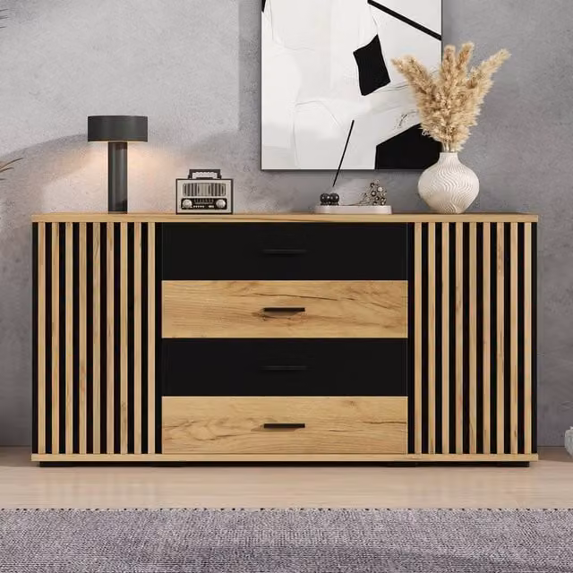 Merax Modern Oak and Black Slatted Sideboard with 2 Doors, 4 Drawers and Adjustable Shelves – 1