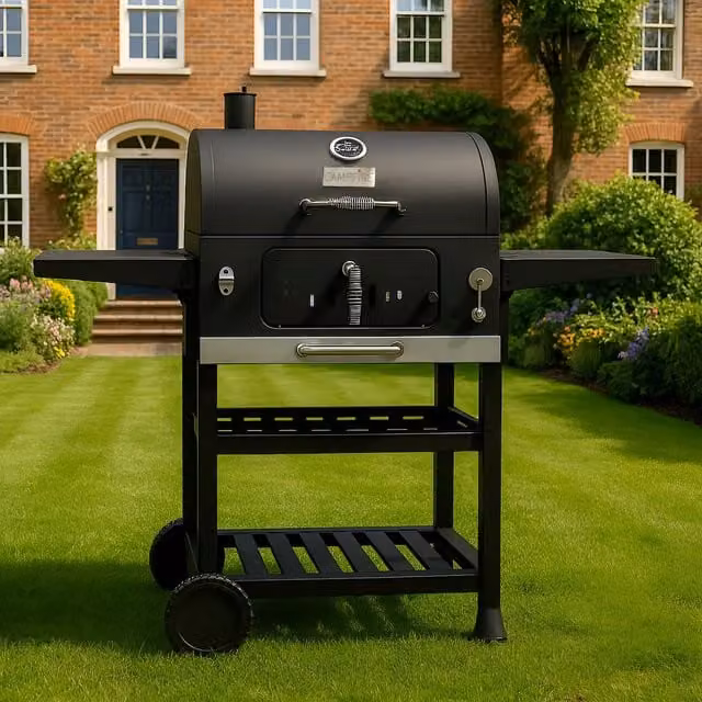 Campfire Charcoal BBQ Grill with Two Side Tables and Thermometer - Black
